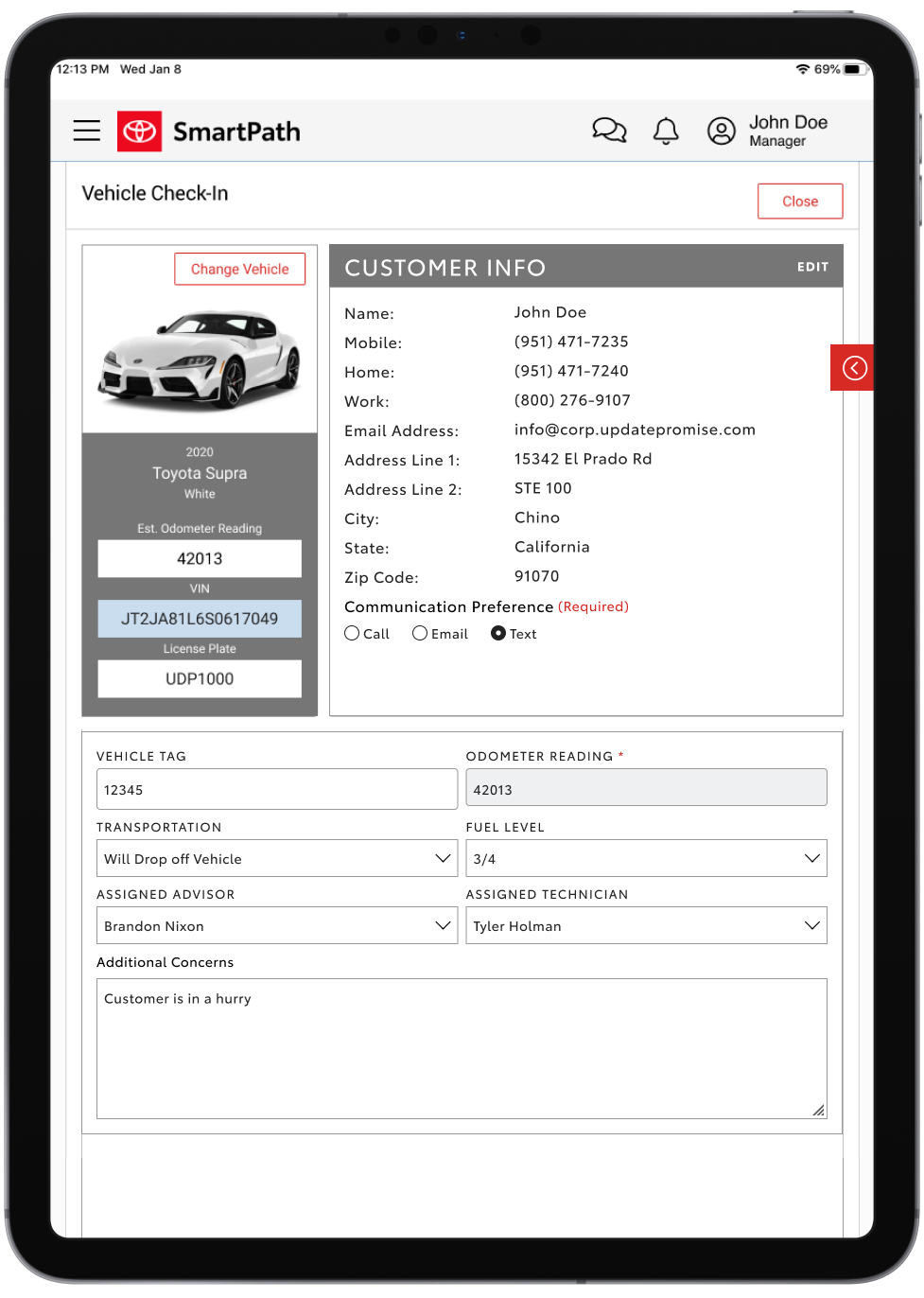 UpdatePromise_Vehicle Check-In_Customer Info_SmartPath